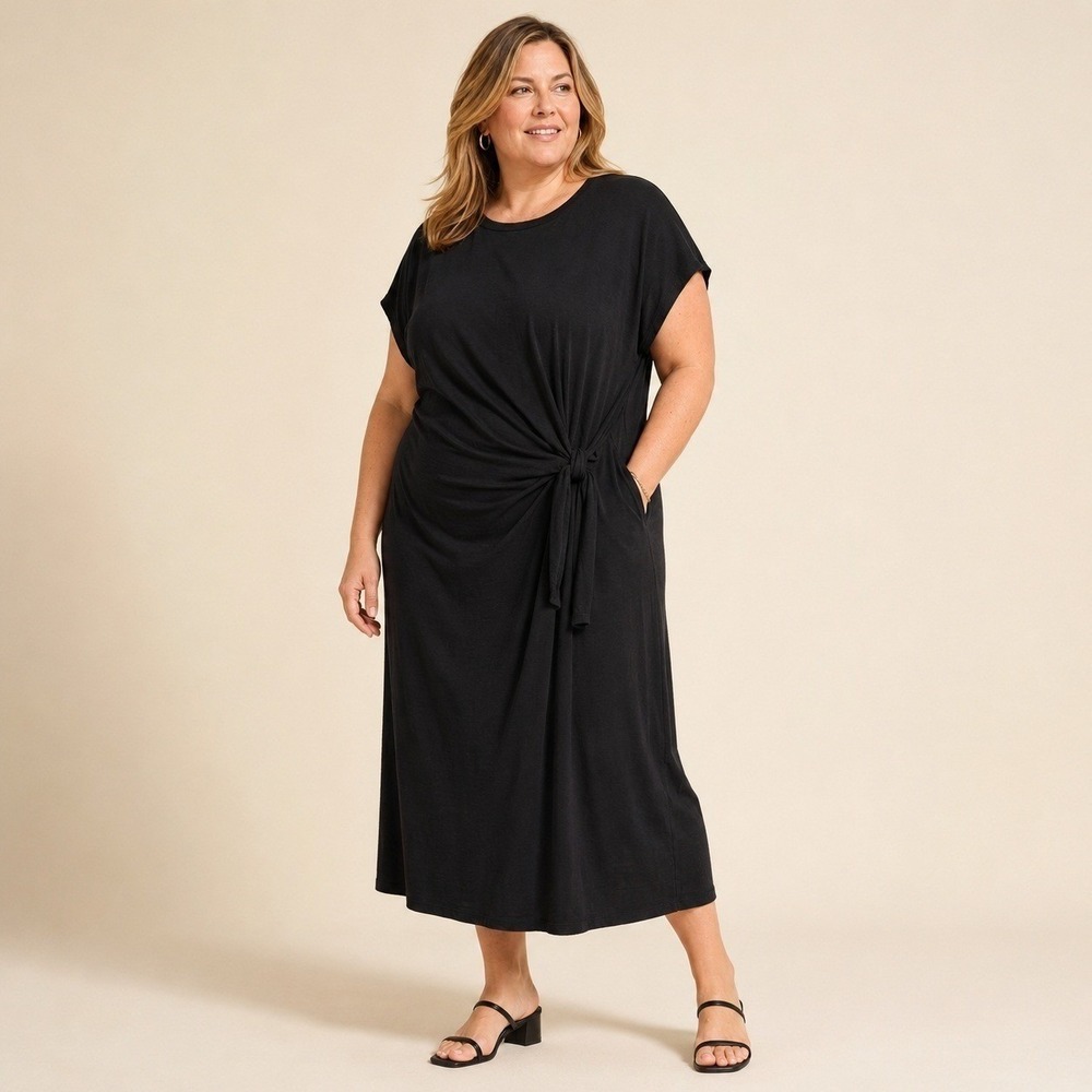 Black Midi XXL 2XL Dress Flattering Tie Front Pockets Soft stretch LBD